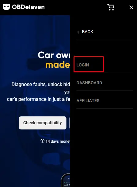 OBDeleven Login bölümüne giriş