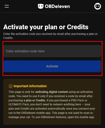 OBDeleven PRO ULTIMATE veya Credits aktivasyon kodu giriş ekranı